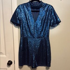 JustFab Sparkling Blue Sequin Romper - short sleeve - medium